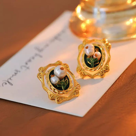 Vintage Oil Painting Earrings [Twins in Bloom]