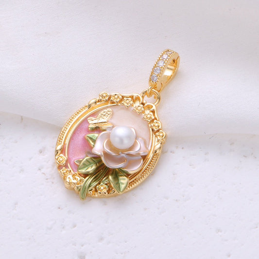 Vintage Oil Painting Pendant [Rosy Bloom]