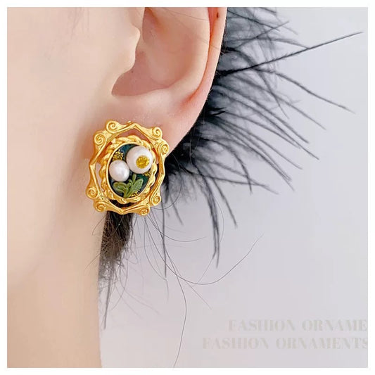 Vintage Oil Painting Earrings [Twins in Bloom]